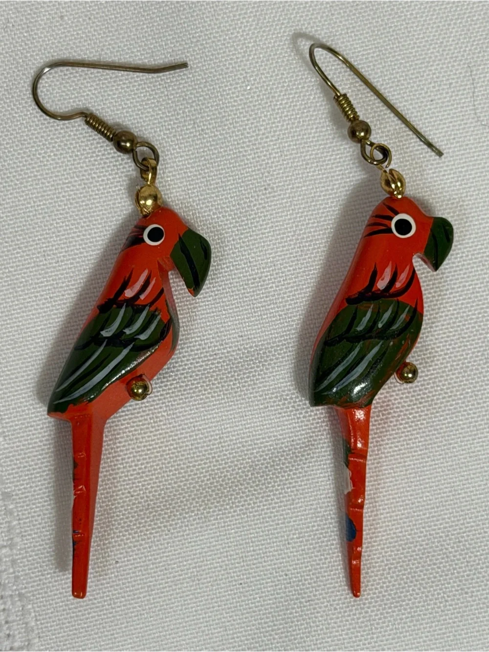 Vintage Hand Painted 2.25” Orange Parrot Pierced Earrings Carved Bird Tropical
